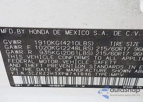 2023 Honda Hr-V Awd Lx from USA, damaged, VIN 3CZRZ2H3XPM741846